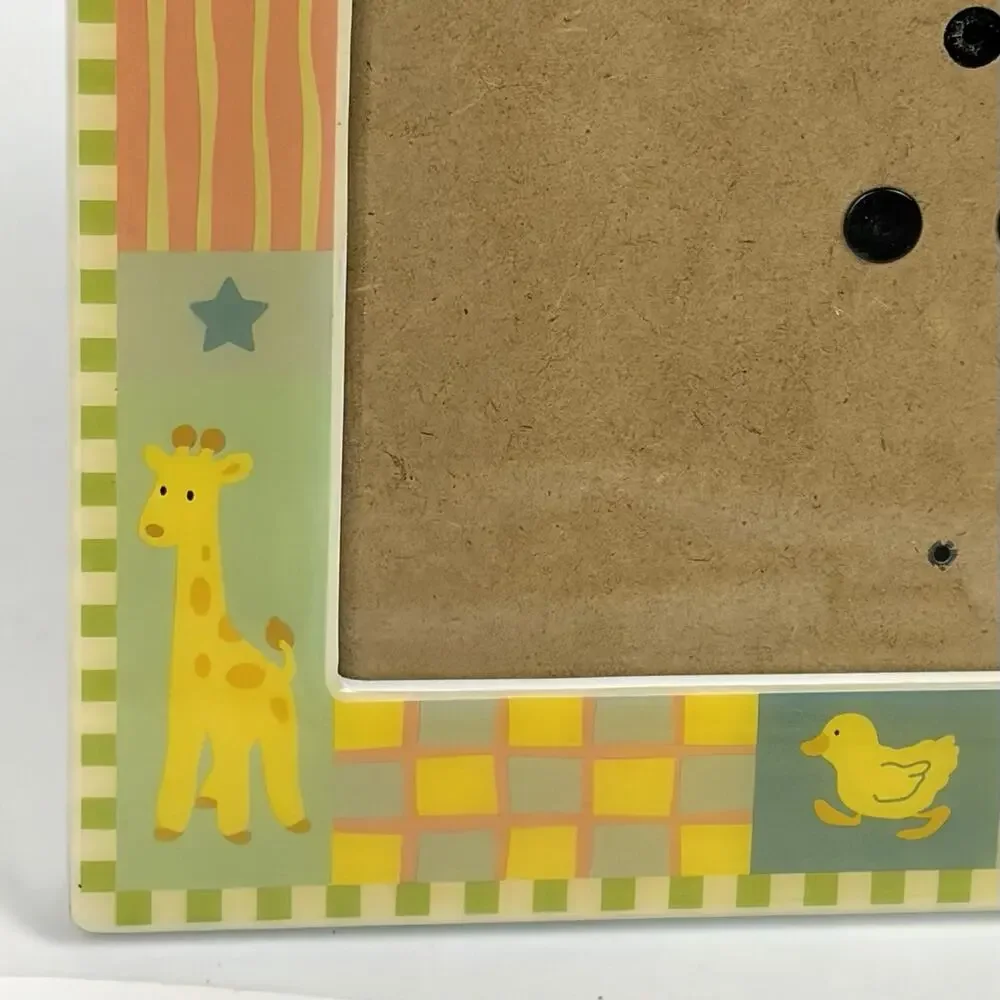 VTG Baby Picture Frame Pastel Boy Girl Teddy Bear Duck Moon Stars Checker 8x6”